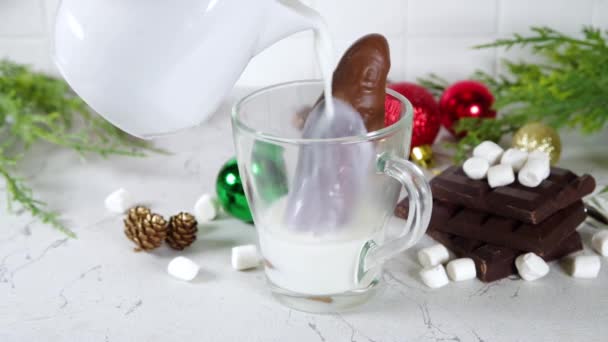 Heißes Kakaogetränk Winter Zubereiten Lustige Weihnachtsschokolade Mit Milch Und Schokolade — Stockvideo