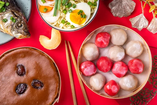 Traditionele Chinese Lunar Nieuwjaar Eettafel Feestuitnodiging Menu Achtergrond Met Varkensvlees — Stockfoto