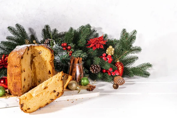 Traditional Christmas Panettone Cake Dried Fruits Spices Christmas Tree Decoration — Stock Photo, Image
