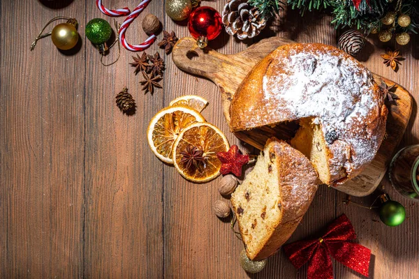 Traditional Christmas Panettone Cake Dried Fruits Spices Christmas Tree Decoration — Stock Photo, Image