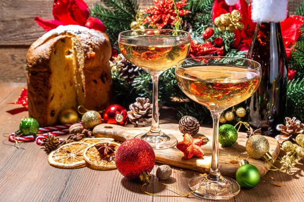 Buon Natale Festa Capodanno Con Champagne Tavola Legno Con Albero — Foto Stock