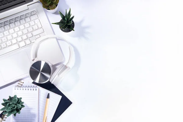 Eenvoudige Minimalistische Home Office Bureau Werkplek Met Laptop Cactus Succulents — Stockfoto