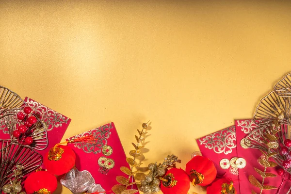 Ano Novo Chinês Fundo Vermelho Dourado Ano Novo Lunar Cartão — Fotografia de Stock