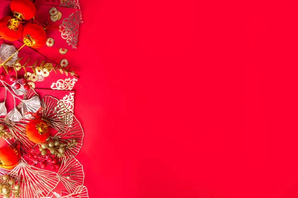 Chinese Nieuwjaar Goud Rode Achtergrond Maan Nieuwjaar Wenskaart Plat Met — Stockfoto