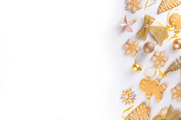 Natal Fundo Biscoito Gengibre Vários Biscoitos Festivos Homem Gengibre Flocos — Fotografia de Stock