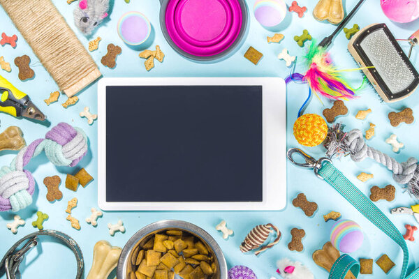 Pet food and accessories, various cat, dog, domestic animals food, toys, treats, utensils. Zoomarket and pet store, online shopping, pet care concept, flatlay banner top view copespace