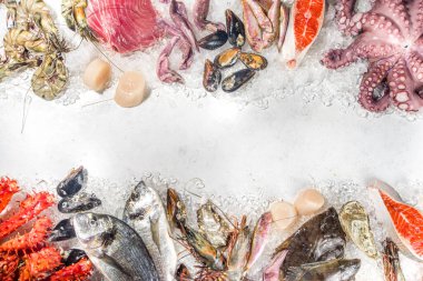 Çeşitli taze çiğ deniz ürünleri seti - ahtapot, yengeç, mürekkep balığı, karides, istiridye, midye, somon balığı limon baharatlı ton balığı, ezilmiş buzlu arka plan üst görünüm 