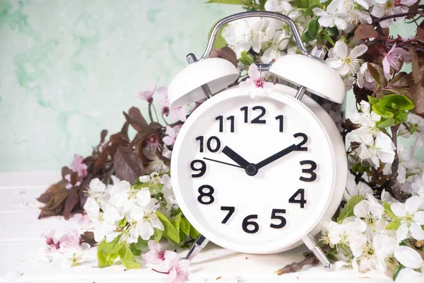 Spring Forward Time, Savings Daylight Concept with Alarm Clock and Spring Garden Flowers on wooden background flatlay copy space on wooden white background