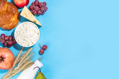 Yahudi bayramının sembolleri olan mutlu Shavuot tebrik kartı - nar, üzüm, elma, tatlı challah ekmeği, buğday filizi, süt, peynir, süzme peynir, açık mavi zemin