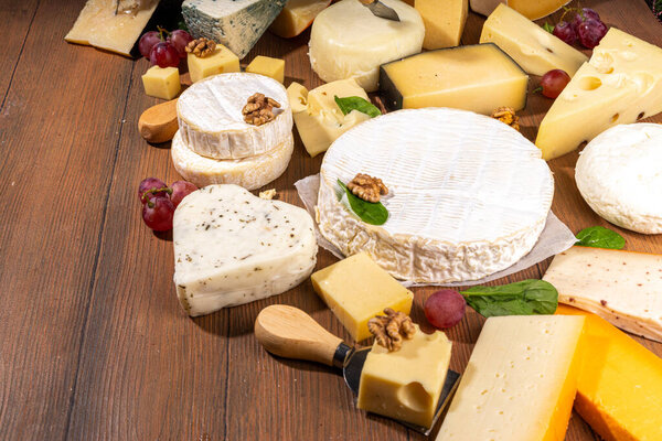 Different sorts of cheese set. Cheese platter with various cheese, with grapes, nuts, cheese knife and spices, wooden background copy space
