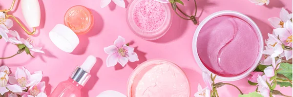 Spring Skin Care Cosmetics Flat Lay Beauty Facial Care Cosmetics — Stockfoto
