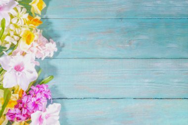 Colorful arrangement of fresh spring flowers, big bouquet of spring time flowers - daffodils, hyacinths, tulip, chamomile on turquoise blue wooden background top view copy space
