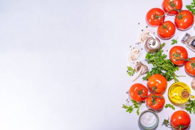 Cooking background with vegetable ingredients. Healthy dinner preparation flat lay, with fresh raw tomatoes, onion, garlic, herbs and greens, olive oil, salt, pepper seasonings, on white background 