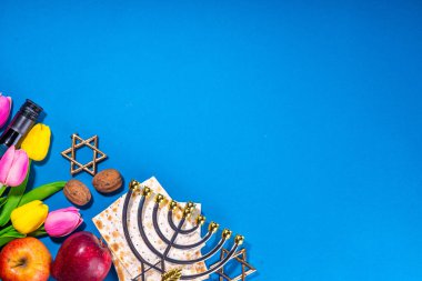 Passover, Pesah background. jewish Easter Passover spring holiday celebration, with accessories - menorah, matzo, spring flowers, wine bottle, gold wine glass, jewish david stars