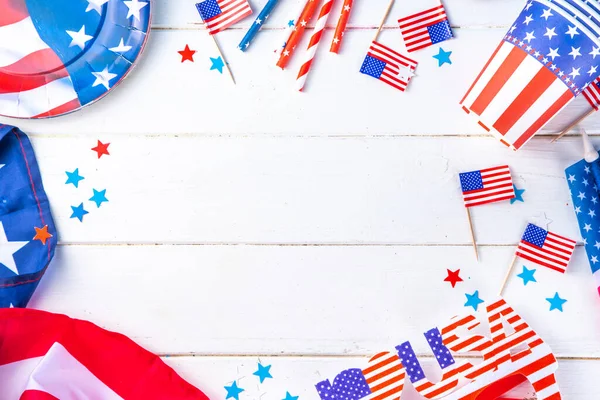 stock image Happy Labor Day, Presidents Day, Fourth of July Independent Day, Memorial day, Columbus day background. White wooden background with USA flag color paper fans and decorations, party accessories