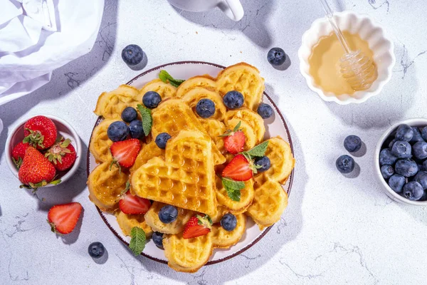 Breakfast Belgian Waffles Strawberries Blueberries Honey Homemade Healthy Heart Shaped — Stock Photo, Image