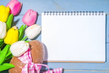 Paskalya bayramı tebrik kartı arka planı, çikolatalı tavşan, yumurta ve lale çiçekleri, açık mavi arka plan düz çerçeve çerçeve fotokopi alanı üst görünümü üzerinde