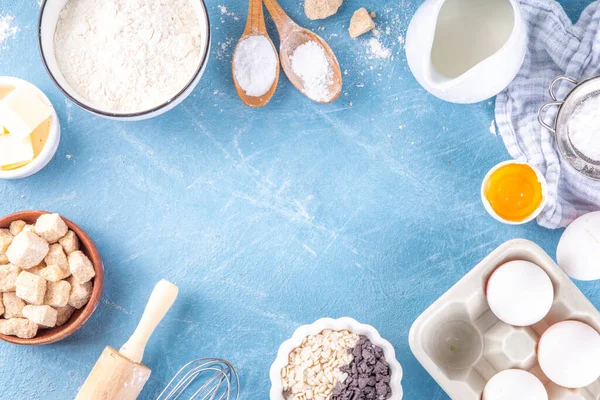 Baking Ingredients Background Cooking Ingredients Flour Eggs Milk Brown Sugar — Φωτογραφία Αρχείου