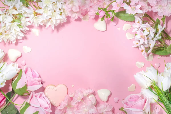 Rózsaszín Fehér Tavaszi Nyaralás Háttér Különböző Aranyos Virágokat Valentin Nap — Stock Fotó