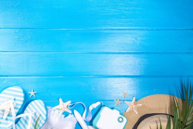 Bright sunny lighted summer vacation background, vacation and travel, beach accessories, swim suit, hat, flip flops, photo camera, sea star and shells on high-colored blue wooden background top view