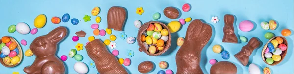 Easter Chocolate Egg Bunny Background High Colored Flat Lay Chocolate — Stockfoto