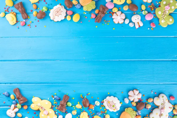 Easter Sweets Candies Background High Colored Blue Flat Lay Various — ストック写真