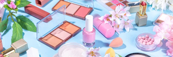 Spring Make Set Light Blue Background Different Make Professional Cosmetics — Stock Fotó