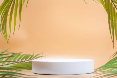 Summer stands mockup photo.  Background with white stone pedestal stands, on beige sunny background with palm leaves, free space for product