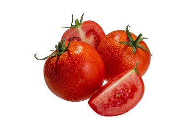 Taze çiğ domates koleksiyonu. Beyaz zemin üzerinde izole organik domates dalı 