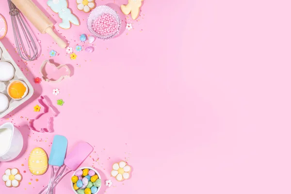 Cute Pink Sweet Baking Flat Lay Easter Holiday Cooking Background — Fotografia de Stock