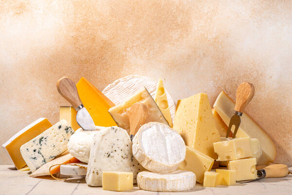 Different sorts of cheese set. Cheese platter with various cheese, with grapes, nuts, cheese knife and spices, light tiled background copy space