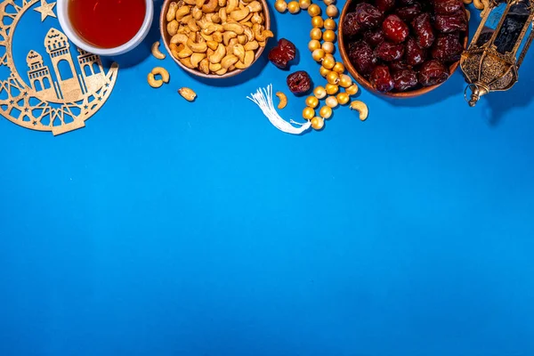 Ramadan Muslim Holiday Background Traditional Treats Dates Nuts Dried Fruits — Stock Photo, Image