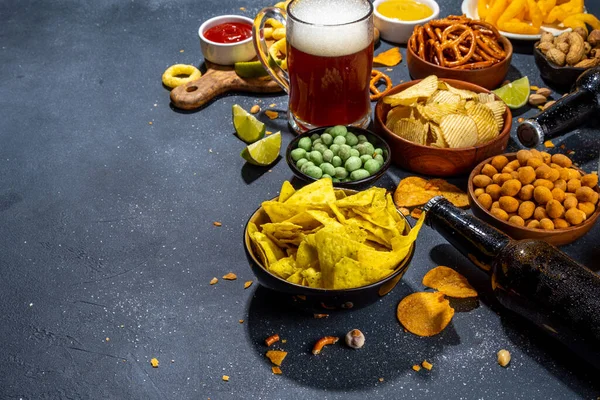 Beer Various Salted Snacks Set Black Table Background Traditional Party — Foto Stock