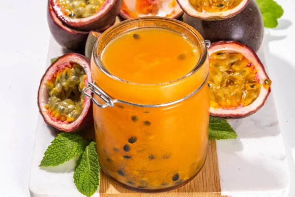 Homemade Passion Fruit Jam Small Jar Fresh Passion Fruit Mint — Stock Photo, Image