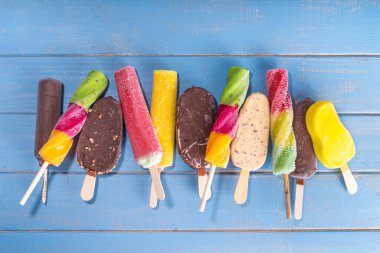 Various ice cream popsicle on turquoise wooden background, summer sweets, dessert, vacation and holiday background, Set of assorted flavors popsicle lollipops - chocolate, vanilla, fruit, rainbow  clipart