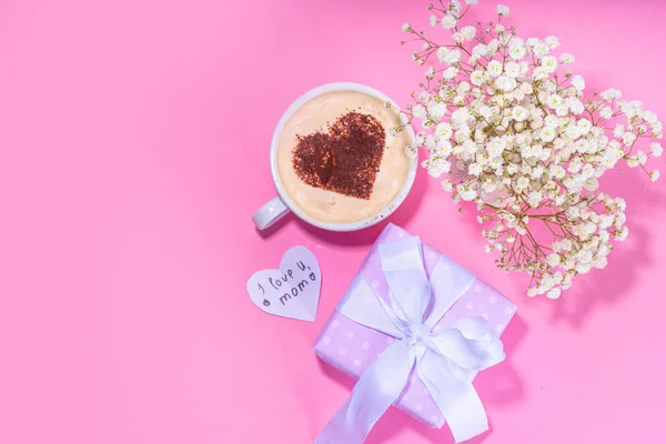 Mother Day Pastel Colored Pink Flatlay Gifts Heart Decorated Coffee — Stock Photo, Image