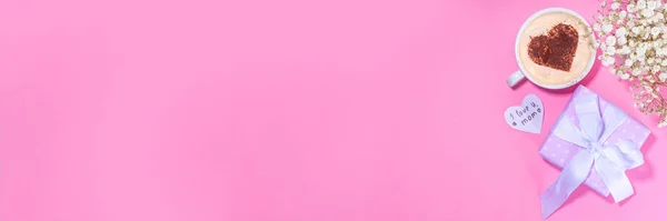 Anyák Napja Pasztell Színű Rózsaszín Lapos Ajándékokkal Szív Díszített Kávéscsésze — Stock Fotó