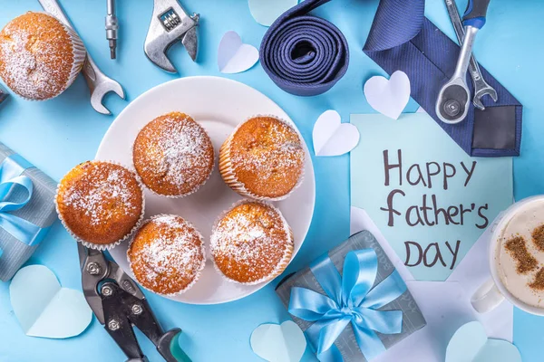 stock image Father's day holiday greeting card. Father's Day morning breakfast with cute surprise background, with gift boxes, cupcakes, coffee mug, heart decor, tools and ties, Happy Father's Day letter