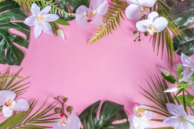 Pink colored summer vacation, travel and summer holiday background. Bright pink flatlay with tropical leaves and flowers, sea shells, starfish, flip-flops, hat, beach accessories, top view copy space clipart