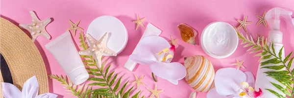 Růžové Barvy Letní Kosmetika Pozadí Různé Péče Pleť Kosmetické Nádoby — Stock fotografie