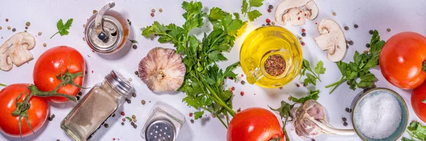 Cooking Background Vegetable Ingredients Healthy Dinner Preparation Flat Lay Fresh — Foto de Stock