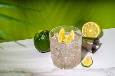 Soğuk buzlu Ti kokteyli, küçük punç, rom bazlı içki taze limon dilimli garnitür, açık yeşil arka planda.