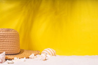 Yaz güneşli kum düzlüklerinde hasır şapkalar, terlikler ve deniz kabukları ile deniz kumu arka planında fotokopi uzayı uzanıyordu.