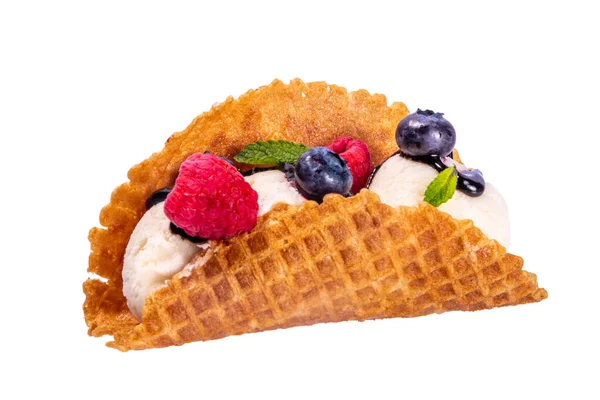 stock image Various sweet taco ice creams. Waffle taco shells with chocolate and vanilla flavour ice cream with different fruits, berry, toppings, isolated on white background