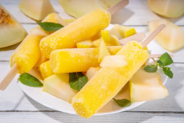 Melon Ice Cream Popsicle Sweet Sorbet Lollypops Homemade Gelato Sticks — Stock Photo, Image