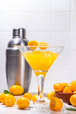 Kumquat martini kokteyli, alkolsüz mocktail, martini bardağında tropikal narenciye içeceği dilimlenmiş kumkat ve nane arkaplanda fotokopi alanı.