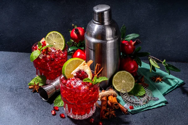 Spicy Autumn Pomegranate Cocktail Alcohol Warming Gin Drink Pomegranate Lime — kuvapankkivalokuva