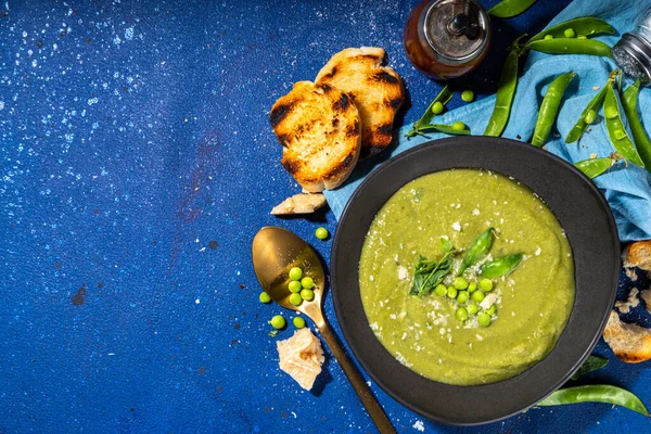 Домашний Зеленый Гороховый Крем Суп Зеленый Гаспачо Холодный Суп Гороховым — стоковое фото