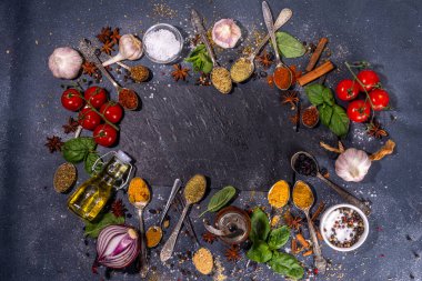 Karanlık arka planda yemek pişirmek için baharatlar. Farklı baharatlar, baharatlar ve otlar kırmızı biber, zerdeçal, tuz, fesleğen, nane, tarçın, sarımsak, zeytinyağı, hazır yemek için aromatik malzemeler.