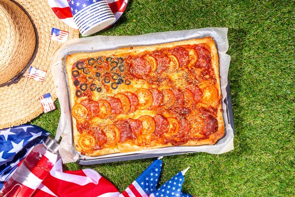Juli Ferienparty Pizza Juli Vaterländischer Unabhängigkeitstag Festessen Und Picknick Pepperoni — Stockfoto